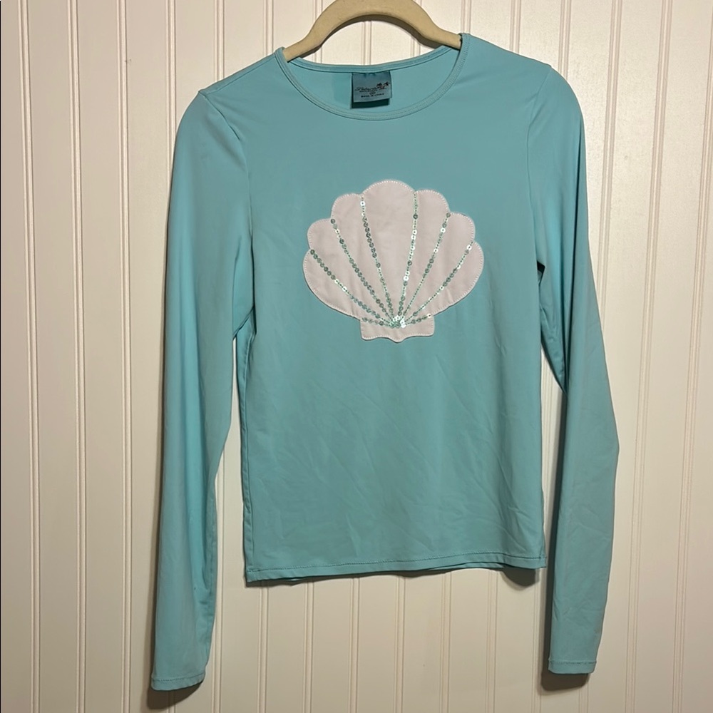 Letarte SHELL RASHGUARD Blue Shell Design Long Sleeve Top Sequin Shell.